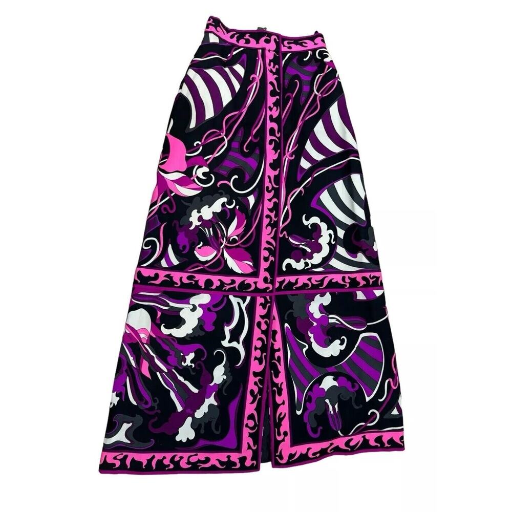 EMILIO PUCCI 70s Multicolor Window Pane Signature Print Swirled Maxi Skirt XS